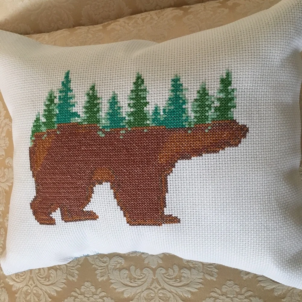 NEW handsewn bear & evergreen pillow cross stitch